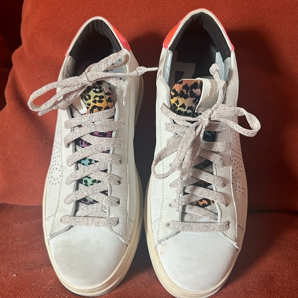 P448 sz39/usa9 white sneaker with rainbow cheetah/pink metallic heel